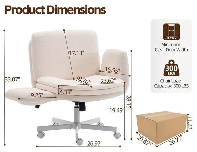 Alt view image 2 of 6 - Criss Cross Chair with 5-Gear Adjustable Armrests & Wheels, Ergonomic Airbag Back Support Swivel Desk Chair for Home Office, Vanity, Bedroom and Living Room,Beige