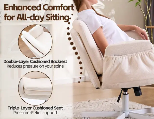Alt view image 3 of 6 - Criss Cross Chair with 5-Gear Adjustable Armrests & Wheels, Ergonomic Airbag Back Support Swivel Desk Chair for Home Office, Vanity, Bedroom and Living Room,Beige
