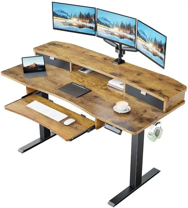 Main image of 55" x 26" Electric Standing Desk with 2 Drawers & 26.7" Large Keyboard Tray, C-Clamp Mount Compatible, Adjustable Computer Desk for Home Office, Stand Up Desk with 4 Height Presets, Vintage
