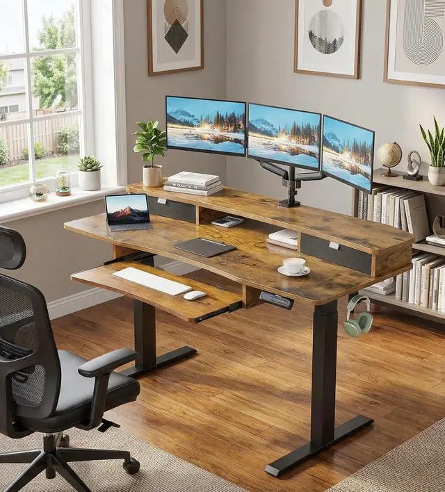 Alt view image 2 of 6 - 55" x 26" Electric Standing Desk with 2 Drawers & 26.7" Large Keyboard Tray, C-Clamp Mount Compatible, Adjustable Computer Desk for Home Office, Stand Up Desk with 4 Height Presets, Vintage