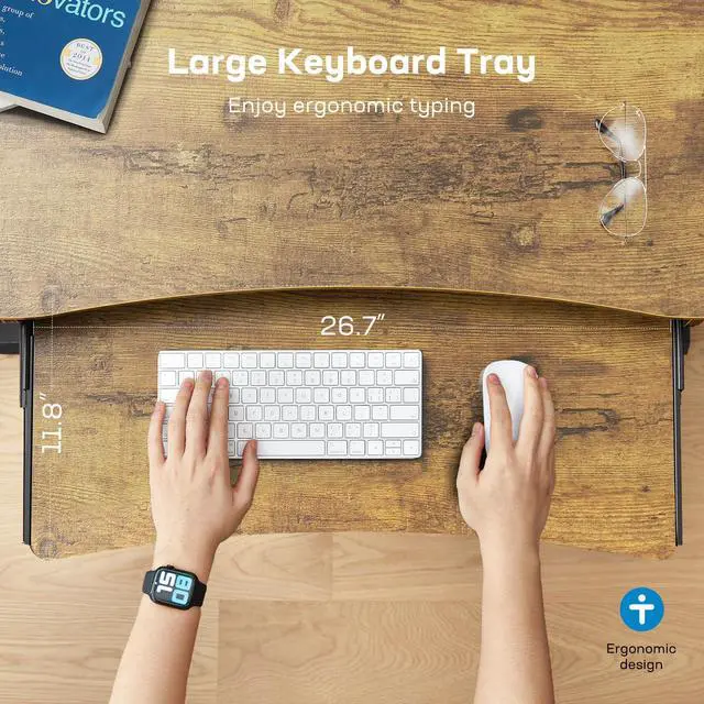 Alt view image 3 of 6 - 55" x 26" Electric Standing Desk with 2 Drawers & 26.7" Large Keyboard Tray, C-Clamp Mount Compatible, Adjustable Computer Desk for Home Office, Stand Up Desk with 4 Height Presets, Vintage