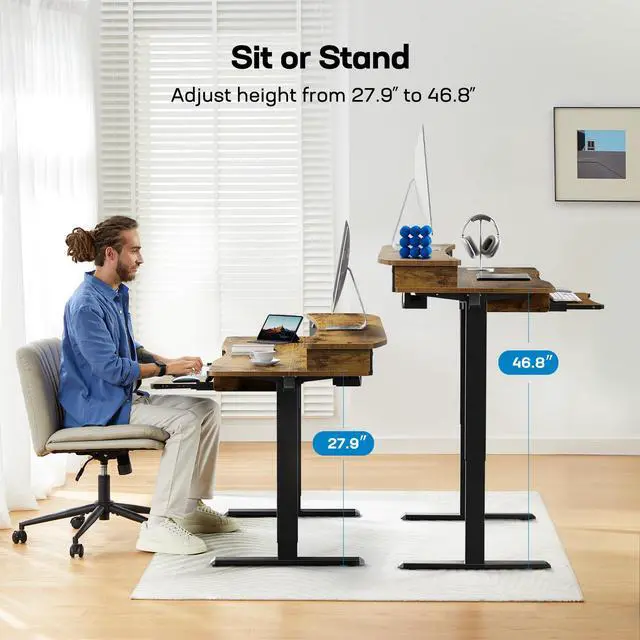Alt view image 5 of 6 - 55" x 26" Electric Standing Desk with 2 Drawers & 26.7" Large Keyboard Tray, C-Clamp Mount Compatible, Adjustable Computer Desk for Home Office, Stand Up Desk with 4 Height Presets, Vintage