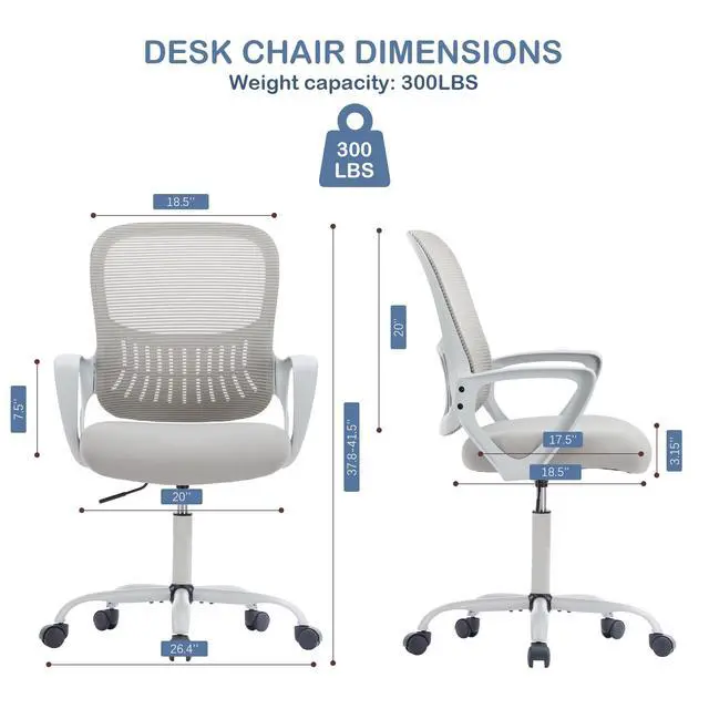 Alt view image 2 of 6 - Office Ergonomic Desk Chair, Mesh Comfy Computer Work Chair with Armrests, Rolling Swivel Task Chair for Home Office, Adults and Teens (Fixed Armrest, Gray)