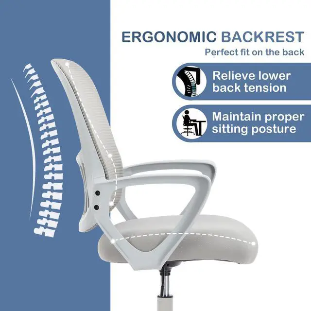 Alt view image 4 of 6 - Office Ergonomic Desk Chair, Mesh Comfy Computer Work Chair with Armrests, Rolling Swivel Task Chair for Home Office, Adults and Teens (Fixed Armrest, Gray)