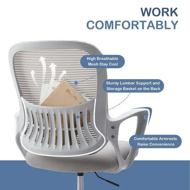 Alt view image 6 of 6 - Office Ergonomic Desk Chair, Mesh Comfy Computer Work Chair with Armrests, Rolling Swivel Task Chair for Home Office, Adults and Teens (Fixed Armrest, Gray)