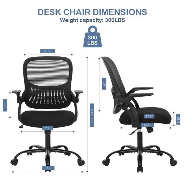 Alt view image 2 of 6 - Office Ergonomic Desk Chair, Mesh Comfy Computer Work Chair with Armrests, Rolling Swivel Task Chair for Home Office, Adults and Teens (Flip-up Armrest, Black)