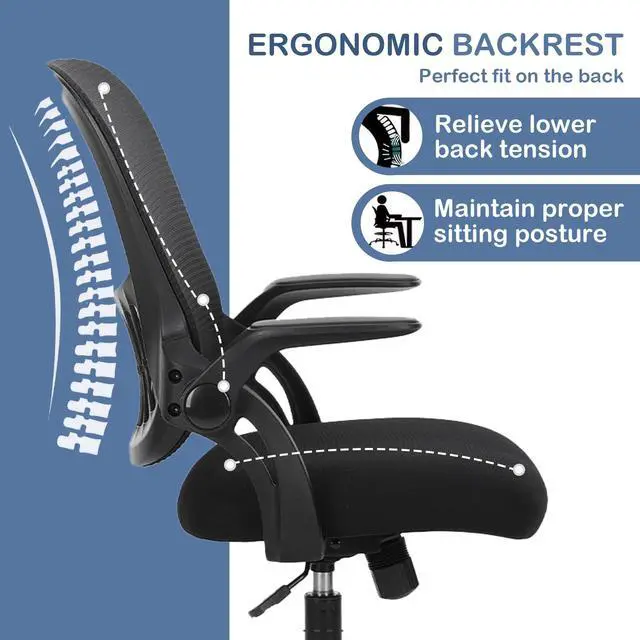 Alt view image 4 of 6 - Office Ergonomic Desk Chair, Mesh Comfy Computer Work Chair with Armrests, Rolling Swivel Task Chair for Home Office, Adults and Teens (Flip-up Armrest, Black)