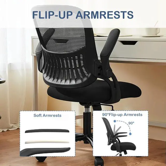 Alt view image 5 of 6 - Office Ergonomic Desk Chair, Mesh Comfy Computer Work Chair with Armrests, Rolling Swivel Task Chair for Home Office, Adults and Teens (Flip-up Armrest, Black)