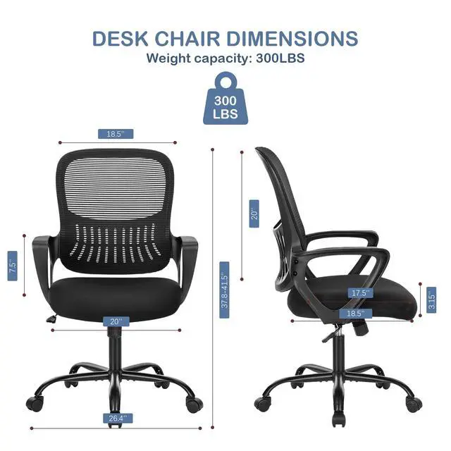 Alt view image 2 of 6 - Office Ergonomic Desk Chair, Mesh Comfy Computer Work Chair with Armrests, Rolling Swivel Task Chair for Home Office, Adults and Teens (Fixed Armrest, Black)
