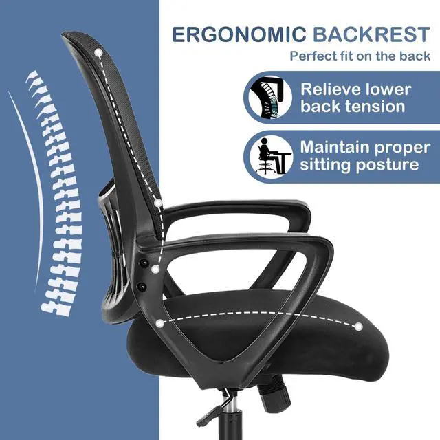 Alt view image 4 of 6 - Office Ergonomic Desk Chair, Mesh Comfy Computer Work Chair with Armrests, Rolling Swivel Task Chair for Home Office, Adults and Teens (Fixed Armrest, Black)