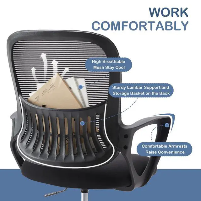 Alt view image 6 of 6 - Office Ergonomic Desk Chair, Mesh Comfy Computer Work Chair with Armrests, Rolling Swivel Task Chair for Home Office, Adults and Teens (Fixed Armrest, Black)