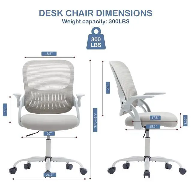 Alt view image 2 of 6 - Office Ergonomic Desk Chair, Mesh Comfy Computer Work Chair with Armrests, Rolling Swivel Task Chair for Home Office, Adults and Teens (Flip-up Armrest, Gray)