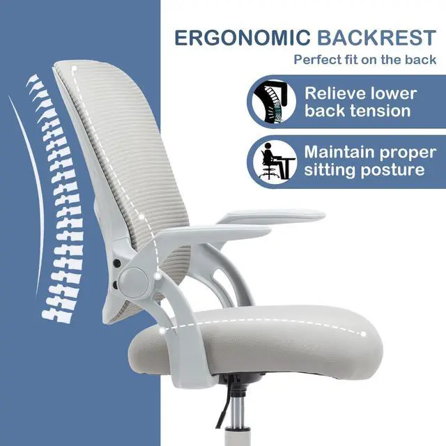 Alt view image 4 of 6 - Office Ergonomic Desk Chair, Mesh Comfy Computer Work Chair with Armrests, Rolling Swivel Task Chair for Home Office, Adults and Teens (Flip-up Armrest, Gray)