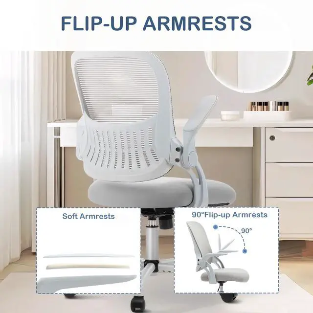 Alt view image 5 of 6 - Office Ergonomic Desk Chair, Mesh Comfy Computer Work Chair with Armrests, Rolling Swivel Task Chair for Home Office, Adults and Teens (Flip-up Armrest, Gray)
