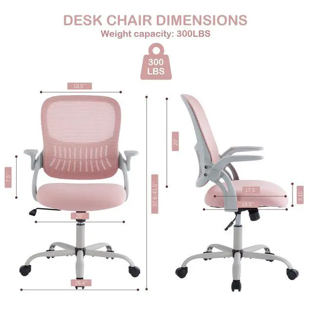 Alt view image 2 of 6 - Office Ergonomic Desk Chair, Mesh Comfy Computer Work Chair with Armrests, Rolling Swivel Task Chair for Home Office, Adults and Teens (Flip-up Armrest, Pink)