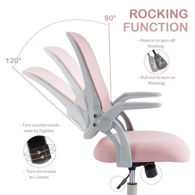 Alt view image 3 of 6 - Office Ergonomic Desk Chair, Mesh Comfy Computer Work Chair with Armrests, Rolling Swivel Task Chair for Home Office, Adults and Teens (Flip-up Armrest, Pink)
