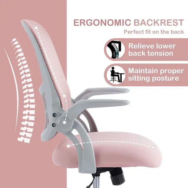 Alt view image 4 of 6 - Office Ergonomic Desk Chair, Mesh Comfy Computer Work Chair with Armrests, Rolling Swivel Task Chair for Home Office, Adults and Teens (Flip-up Armrest, Pink)