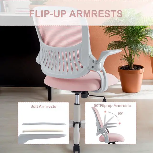Alt view image 5 of 6 - Office Ergonomic Desk Chair, Mesh Comfy Computer Work Chair with Armrests, Rolling Swivel Task Chair for Home Office, Adults and Teens (Flip-up Armrest, Pink)