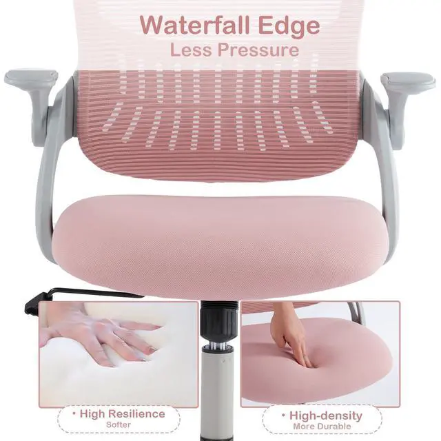 Alt view image 6 of 6 - Office Ergonomic Desk Chair, Mesh Comfy Computer Work Chair with Armrests, Rolling Swivel Task Chair for Home Office, Adults and Teens (Flip-up Armrest, Pink)