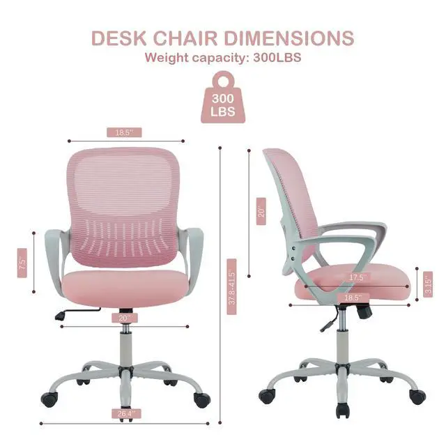 Alt view image 2 of 6 - Office Ergonomic Desk Chair, Mesh Comfy Computer Work Chair with Armrests, Rolling Swivel Task Chair for Home Office, Adults and Teens (Fixed Armrest, Pink)