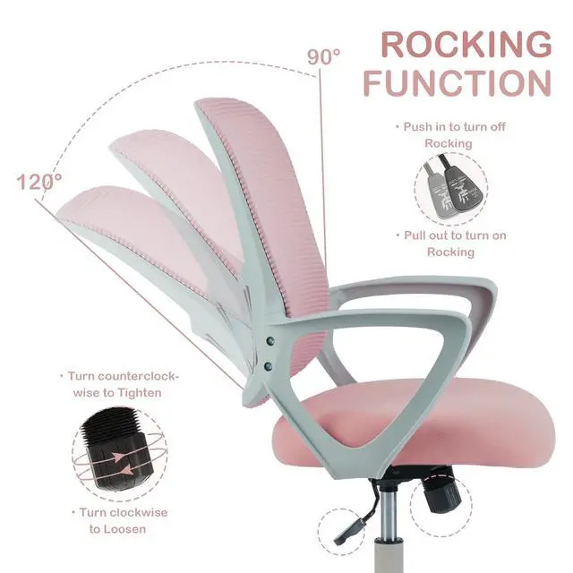 Alt view image 3 of 6 - Office Ergonomic Desk Chair, Mesh Comfy Computer Work Chair with Armrests, Rolling Swivel Task Chair for Home Office, Adults and Teens (Fixed Armrest, Pink)