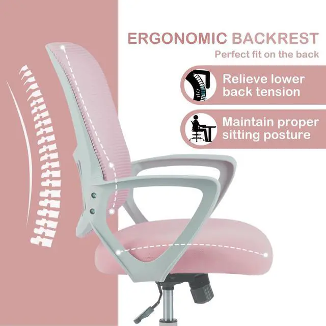 Alt view image 4 of 6 - Office Ergonomic Desk Chair, Mesh Comfy Computer Work Chair with Armrests, Rolling Swivel Task Chair for Home Office, Adults and Teens (Fixed Armrest, Pink)