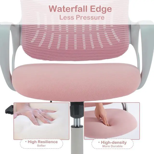 Alt view image 5 of 6 - Office Ergonomic Desk Chair, Mesh Comfy Computer Work Chair with Armrests, Rolling Swivel Task Chair for Home Office, Adults and Teens (Fixed Armrest, Pink)