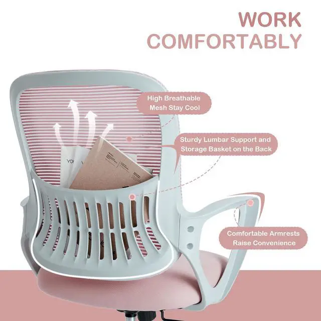 Alt view image 6 of 6 - Office Ergonomic Desk Chair, Mesh Comfy Computer Work Chair with Armrests, Rolling Swivel Task Chair for Home Office, Adults and Teens (Fixed Armrest, Pink)