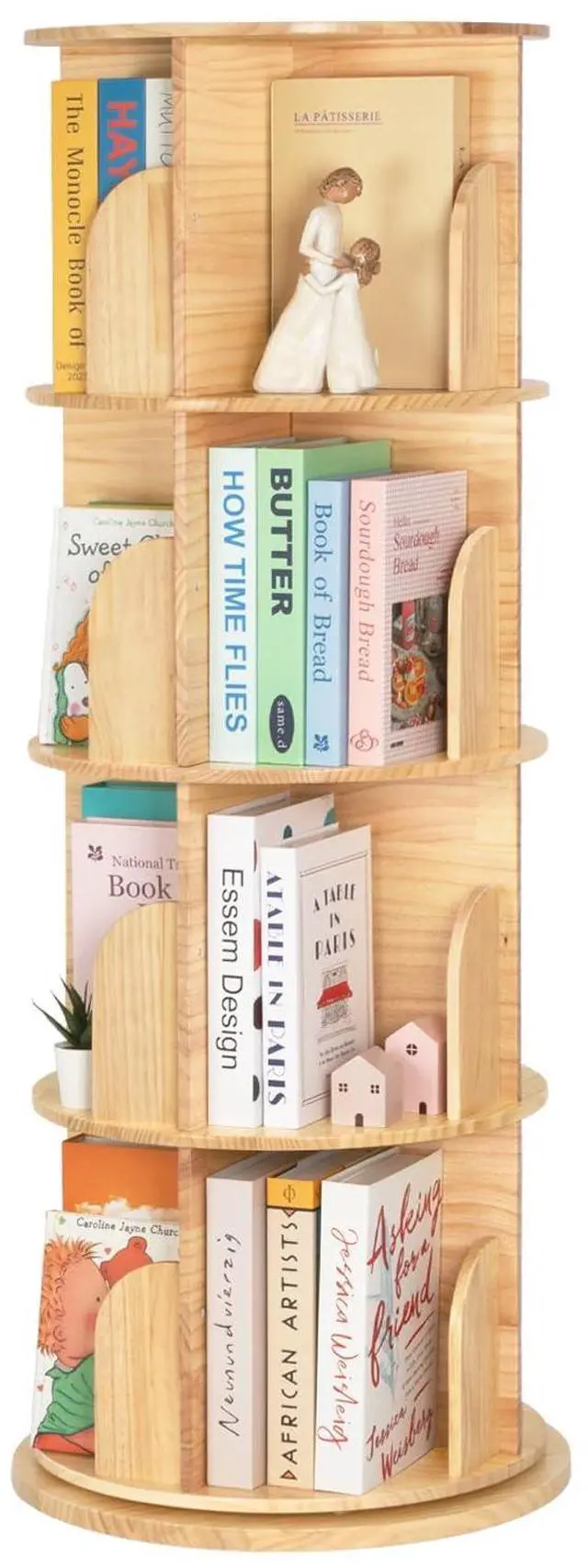 Main image of Rotating Bookshelf for Kids & Adults, 4-Tier 360° Spinning Solid Wood Book Organizer, Space-Saving Floor Standing Bookcase for Study Room, Bedroom, Living Room, Office