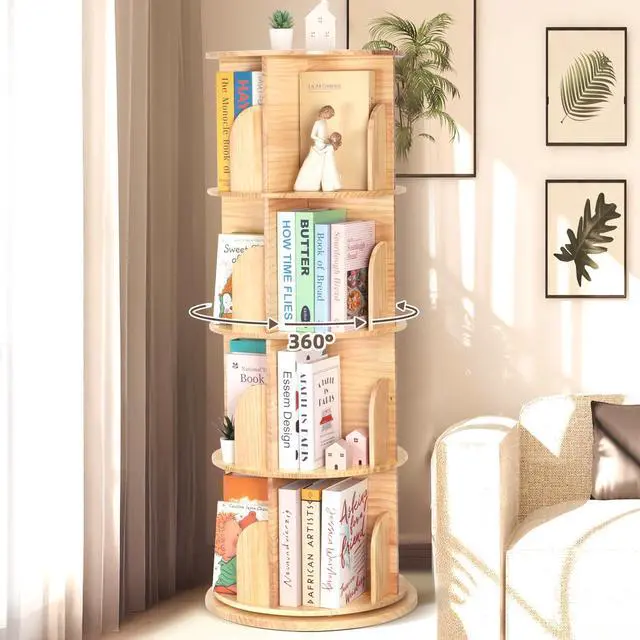 Alt view image 2 of 6 - Rotating Bookshelf for Kids & Adults, 4-Tier 360° Spinning Solid Wood Book Organizer, Space-Saving Floor Standing Bookcase for Study Room, Bedroom, Living Room, Office
