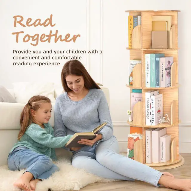 Alt view image 4 of 6 - Rotating Bookshelf for Kids & Adults, 4-Tier 360° Spinning Solid Wood Book Organizer, Space-Saving Floor Standing Bookcase for Study Room, Bedroom, Living Room, Office
