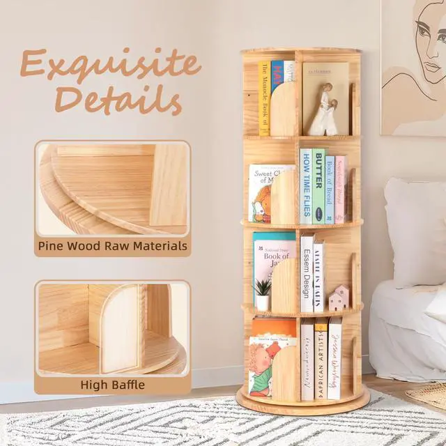 Alt view image 5 of 6 - Rotating Bookshelf for Kids & Adults, 4-Tier 360° Spinning Solid Wood Book Organizer, Space-Saving Floor Standing Bookcase for Study Room, Bedroom, Living Room, Office