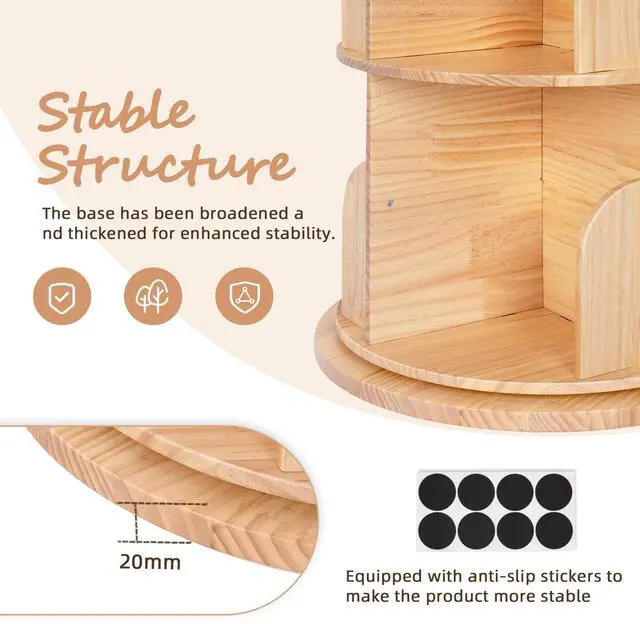 Alt view image 6 of 6 - Rotating Bookshelf for Kids & Adults, 4-Tier 360° Spinning Solid Wood Book Organizer, Space-Saving Floor Standing Bookcase for Study Room, Bedroom, Living Room, Office