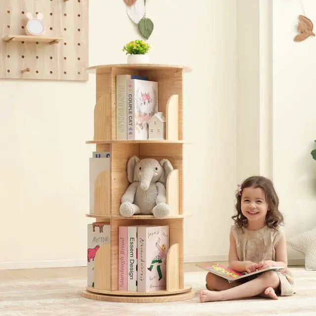 Main image of 3 Tier Rotating Bookshelf Tower, Montessori Bookshelf Storage Rack with Kids, Large Chassis 360 Display for Small Space, Kids Room, Nursery