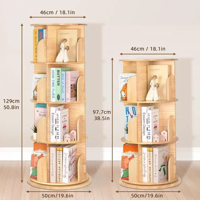 Alt view image 2 of 6 - 3 Tier Rotating Bookshelf Tower, Montessori Bookshelf Storage Rack with Kids, Large Chassis 360 Display for Small Space, Kids Room, Nursery