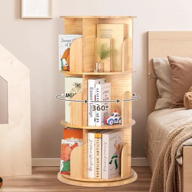 Alt view image 3 of 6 - 3 Tier Rotating Bookshelf Tower, Montessori Bookshelf Storage Rack with Kids, Large Chassis 360 Display for Small Space, Kids Room, Nursery