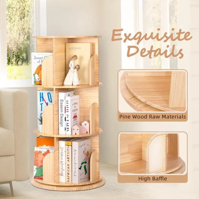 Alt view image 4 of 6 - 3 Tier Rotating Bookshelf Tower, Montessori Bookshelf Storage Rack with Kids, Large Chassis 360 Display for Small Space, Kids Room, Nursery
