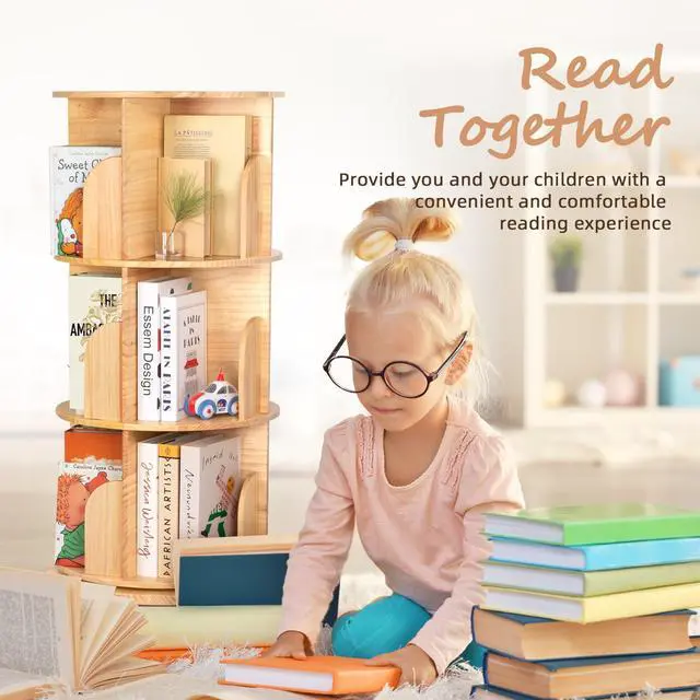 Alt view image 5 of 6 - 3 Tier Rotating Bookshelf Tower, Montessori Bookshelf Storage Rack with Kids, Large Chassis 360 Display for Small Space, Kids Room, Nursery