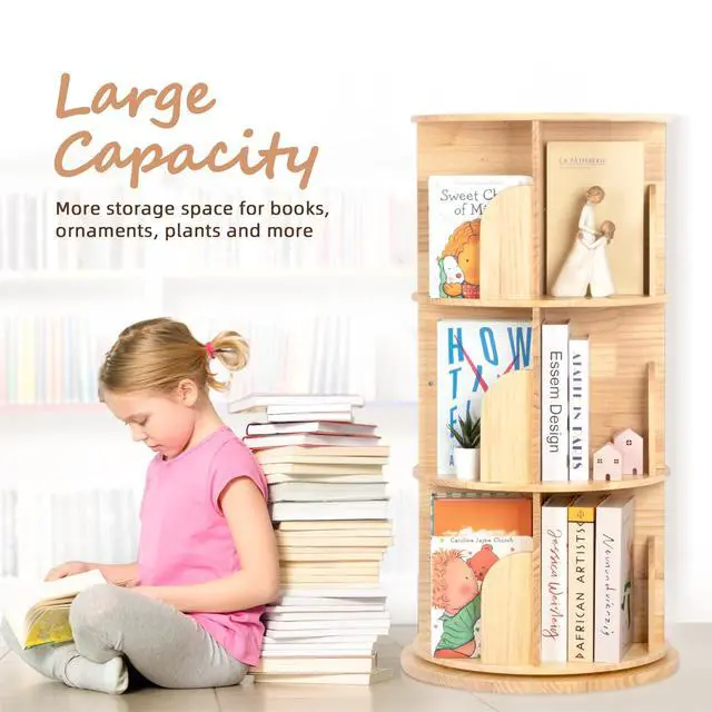 Alt view image 6 of 6 - 3 Tier Rotating Bookshelf Tower, Montessori Bookshelf Storage Rack with Kids, Large Chassis 360 Display for Small Space, Kids Room, Nursery