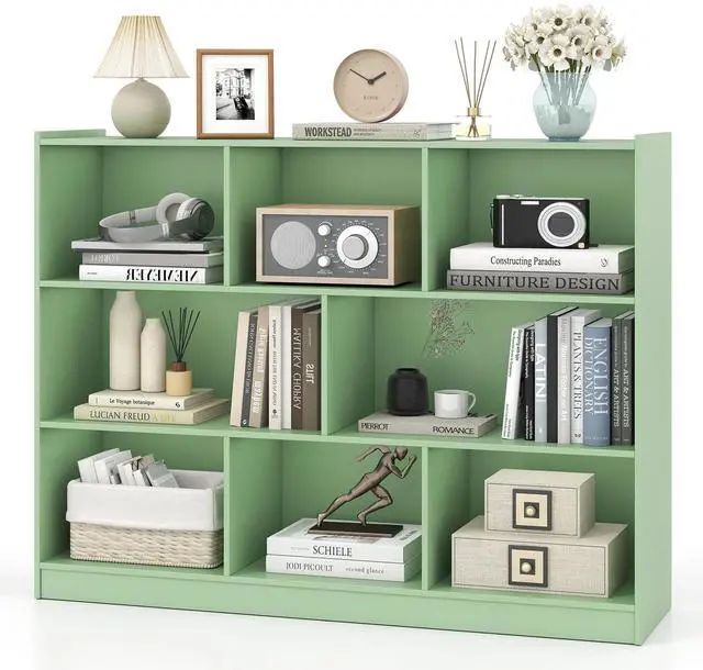Main image of 8-Cube Bookcase, Wood 3 Tier Open Storage Bookshelf, Modern Multipurpose Display Cabinet for Living Room, Study, Reading Nook, 48 x 12.5 x 36.5 Inch (Green)