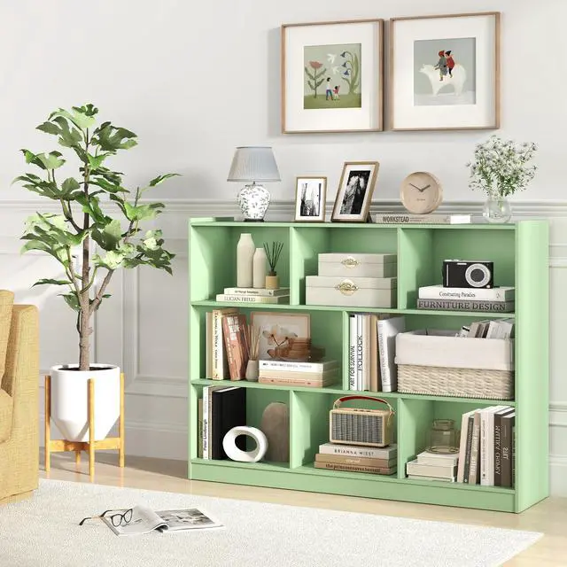 Alt view image 2 of 6 - 8-Cube Bookcase, Wood 3 Tier Open Storage Bookshelf, Modern Multipurpose Display Cabinet for Living Room, Study, Reading Nook, 48 x 12.5 x 36.5 Inch (Green)