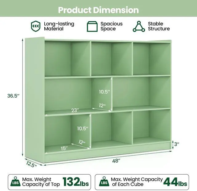Alt view image 3 of 6 - 8-Cube Bookcase, Wood 3 Tier Open Storage Bookshelf, Modern Multipurpose Display Cabinet for Living Room, Study, Reading Nook, 48 x 12.5 x 36.5 Inch (Green)