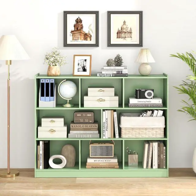Alt view image 4 of 6 - 8-Cube Bookcase, Wood 3 Tier Open Storage Bookshelf, Modern Multipurpose Display Cabinet for Living Room, Study, Reading Nook, 48 x 12.5 x 36.5 Inch (Green)