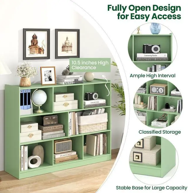 Alt view image 5 of 6 - 8-Cube Bookcase, Wood 3 Tier Open Storage Bookshelf, Modern Multipurpose Display Cabinet for Living Room, Study, Reading Nook, 48 x 12.5 x 36.5 Inch (Green)