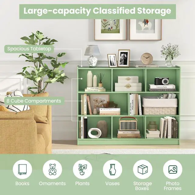 Alt view image 6 of 6 - 8-Cube Bookcase, Wood 3 Tier Open Storage Bookshelf, Modern Multipurpose Display Cabinet for Living Room, Study, Reading Nook, 48 x 12.5 x 36.5 Inch (Green)