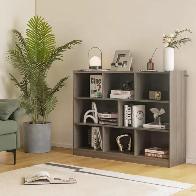 Alt view image 2 of 6 - 8-Cube Bookcase, Wood 3 Tier Open Storage Bookshelf, Modern Multipurpose Display Cabinet for Living Room, Study, Reading Nook, 48 x 12.5 x 36.5 Inch, Grey