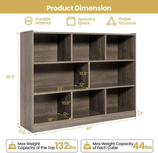 Alt view image 3 of 6 - 8-Cube Bookcase, Wood 3 Tier Open Storage Bookshelf, Modern Multipurpose Display Cabinet for Living Room, Study, Reading Nook, 48 x 12.5 x 36.5 Inch, Grey