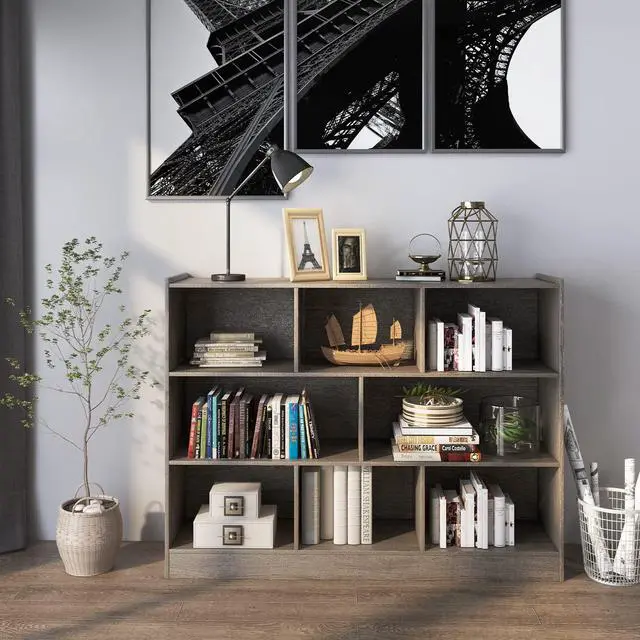 Alt view image 4 of 6 - 8-Cube Bookcase, Wood 3 Tier Open Storage Bookshelf, Modern Multipurpose Display Cabinet for Living Room, Study, Reading Nook, 48 x 12.5 x 36.5 Inch, Grey