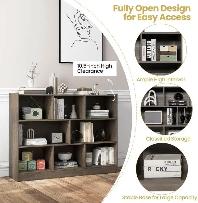 Alt view image 6 of 6 - 8-Cube Bookcase, Wood 3 Tier Open Storage Bookshelf, Modern Multipurpose Display Cabinet for Living Room, Study, Reading Nook, 48 x 12.5 x 36.5 Inch, Grey