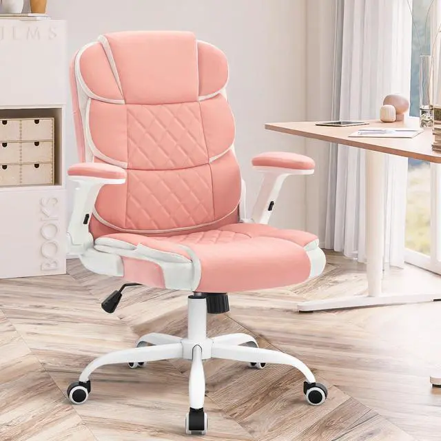 Alt view image 2 of 6 - Pink Office Chair Ergonomic Desk Chair with Lumbar Support, Flip-Up Arms, Adjustable Swivel Computer Chair with Wheels, Comfortable PU Leather Cute Office Chair for Home Office Small Space